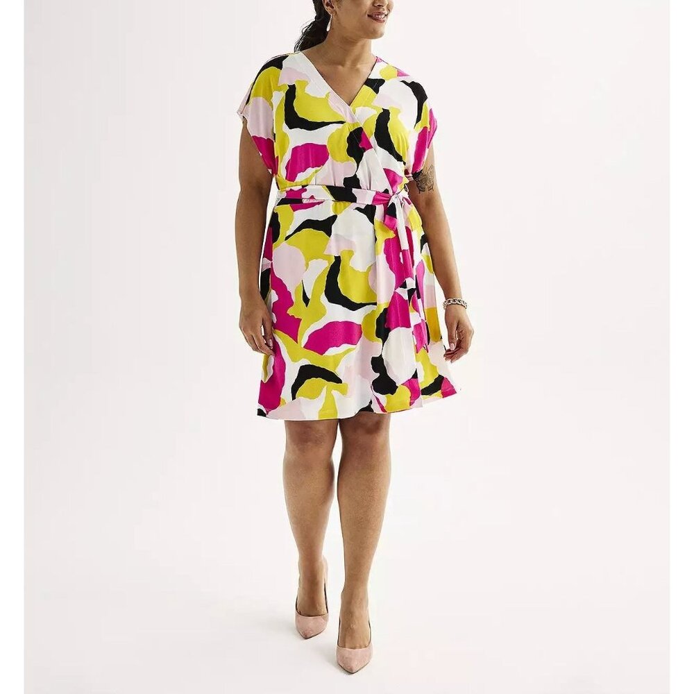 Nine West Dolman Sleeve Vibrant Wrap Dress‎ with Tie Size 2X 18 20 Stretch Plus